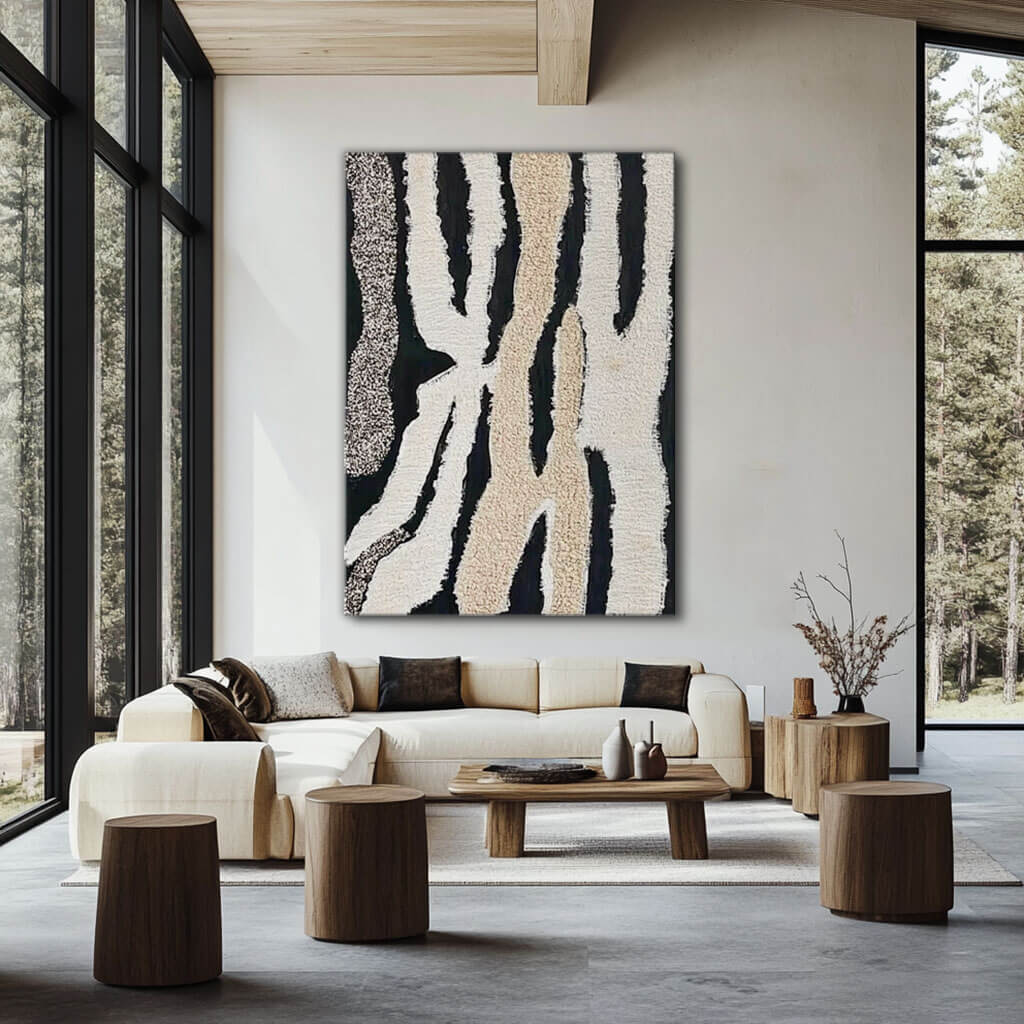 Modern Abstract Canvas Artwork with Textured Black and Neutral Tones - Home Artsy
