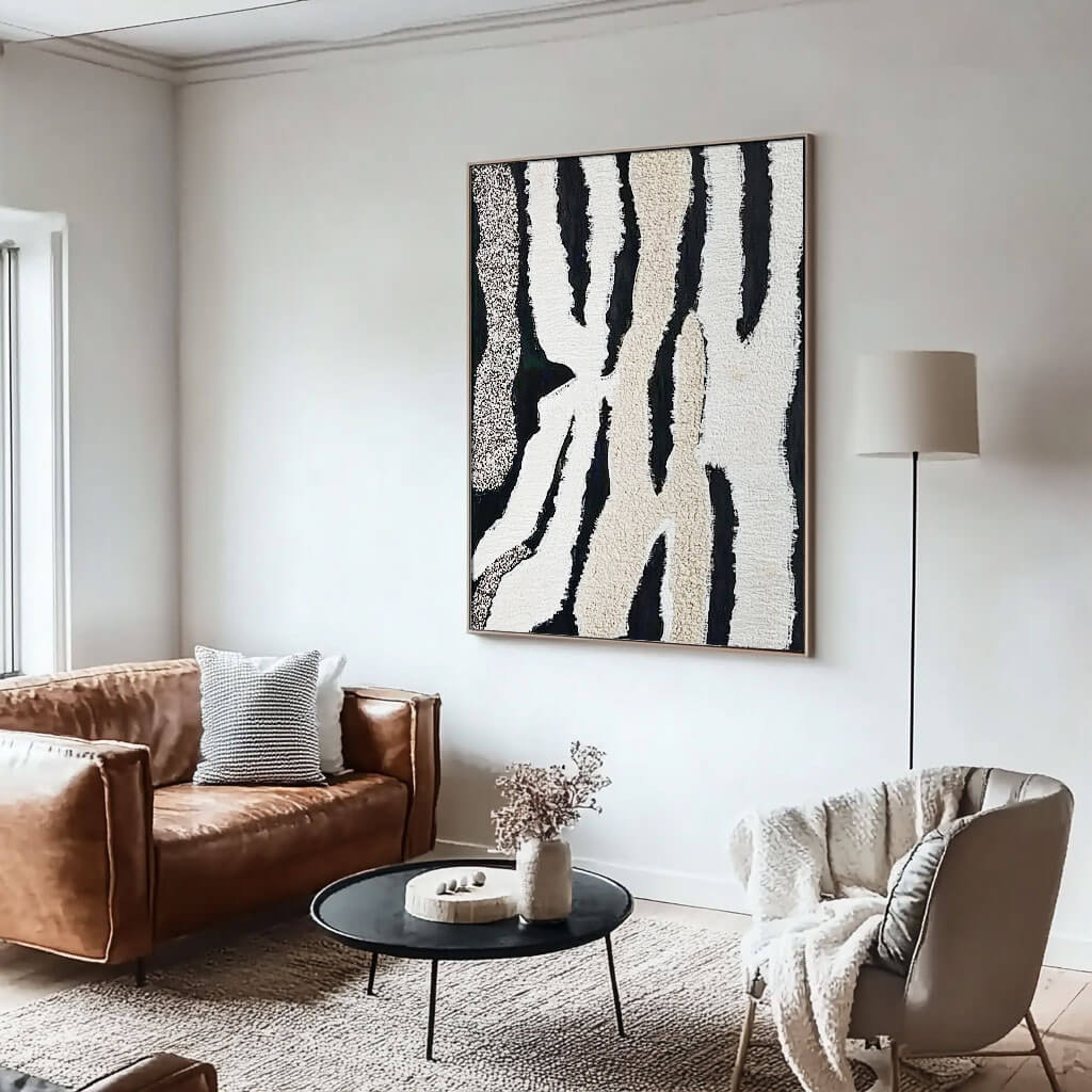 Modern Abstract Canvas Artwork with Textured Black and Neutral Tones - Home Artsy