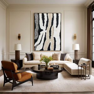 Modern Abstract Canvas Artwork with Textured Black and Neutral Tones - Home Artsy