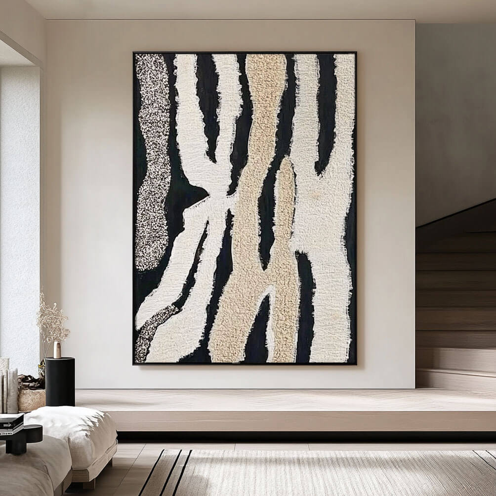 Modern Abstract Canvas Artwork with Textured Black and Neutral Tones - Home Artsy