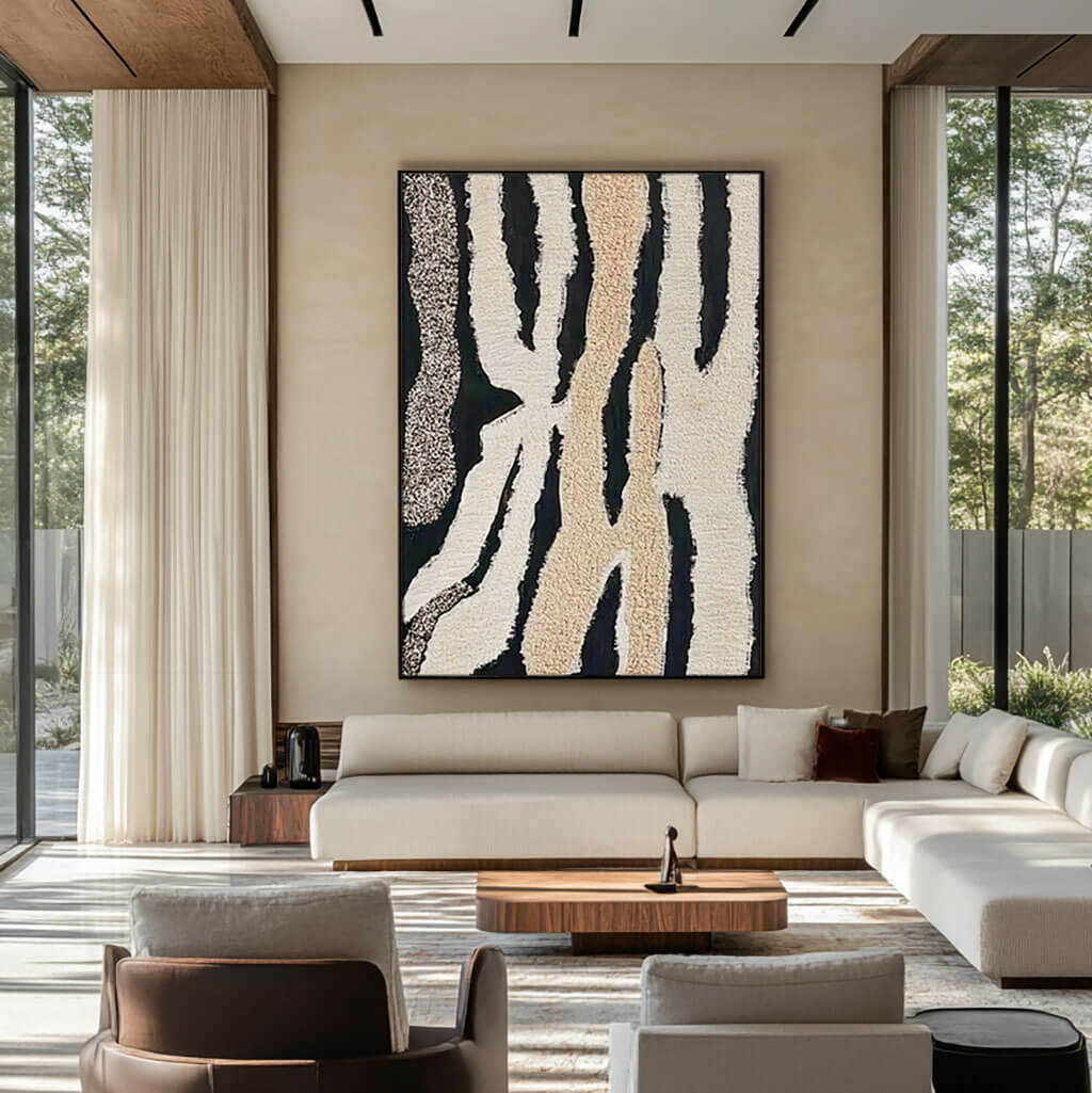 Modern Abstract Canvas Artwork with Textured Black and Neutral Tones - Home Artsy