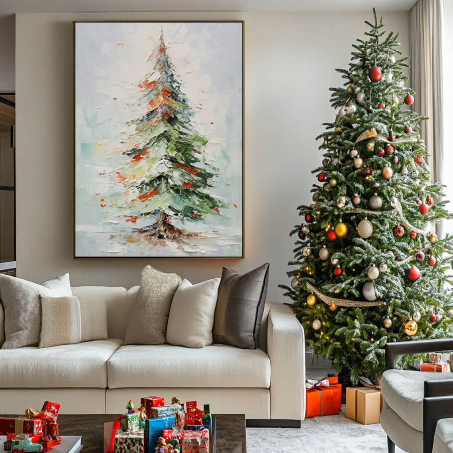 Vibrant Holiday Tree Oil Painting - Festive Abstract Artwork for Christmas - Home Artsy