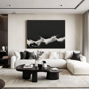 Black and White Modern Horizontal Abstract Minimalist Acrylic Oil Painting for Living Room and Hallway - Home Artsy