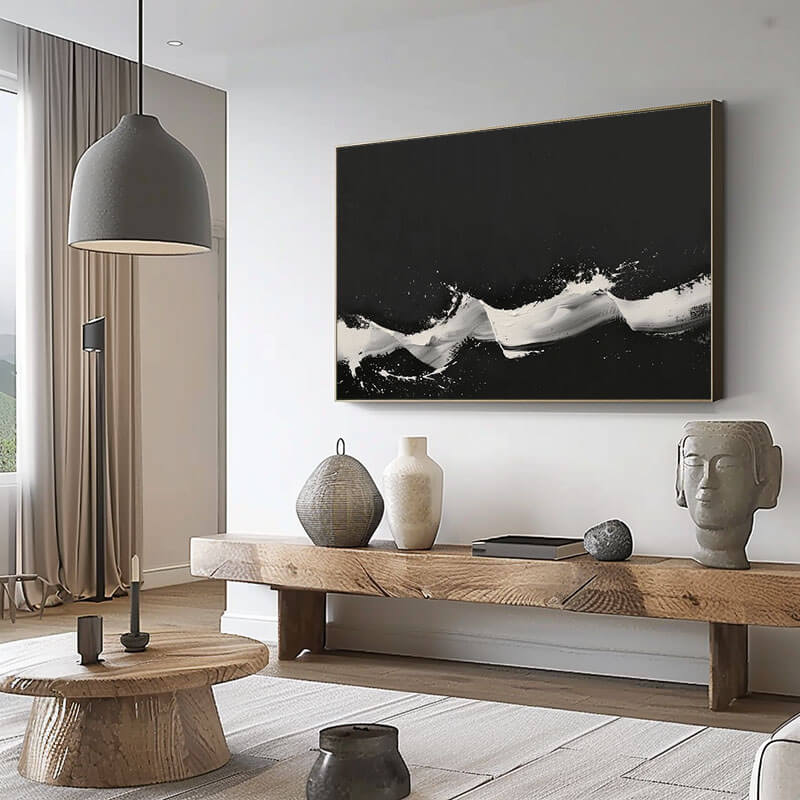 Black and White Modern Horizontal Abstract Minimalist Acrylic Oil Painting for Living Room and Hallway - Home Artsy