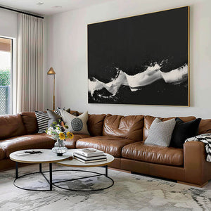 Black and White Modern Horizontal Abstract Minimalist Acrylic Oil Painting for Living Room and Hallway - Home Artsy