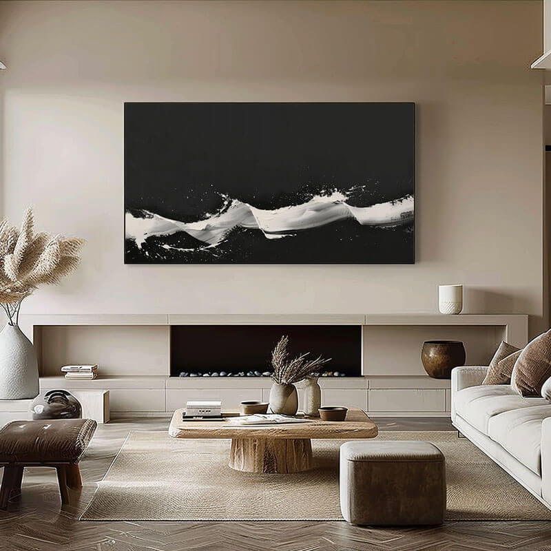 Black and White Modern Horizontal Abstract Minimalist Acrylic Oil Painting for Living Room and Hallway - Home Artsy