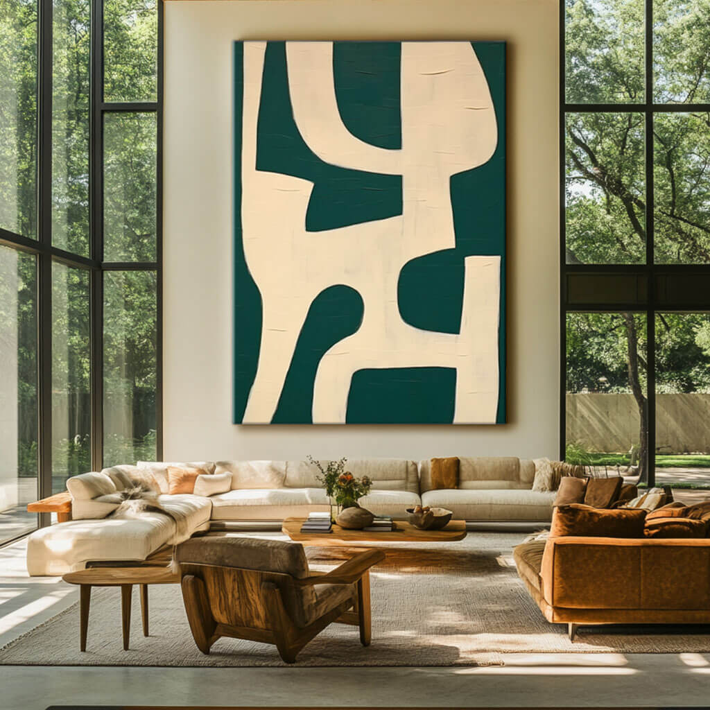 Geometric Abstract Painting in Green and Ivory for Modern Interiors - Home Artsy