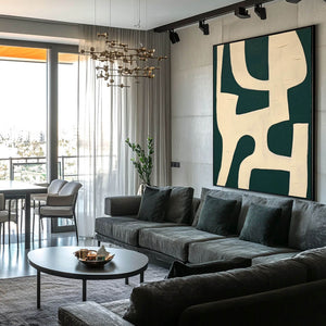 Geometric Abstract Painting in Green and Ivory for Modern Interiors - Home Artsy