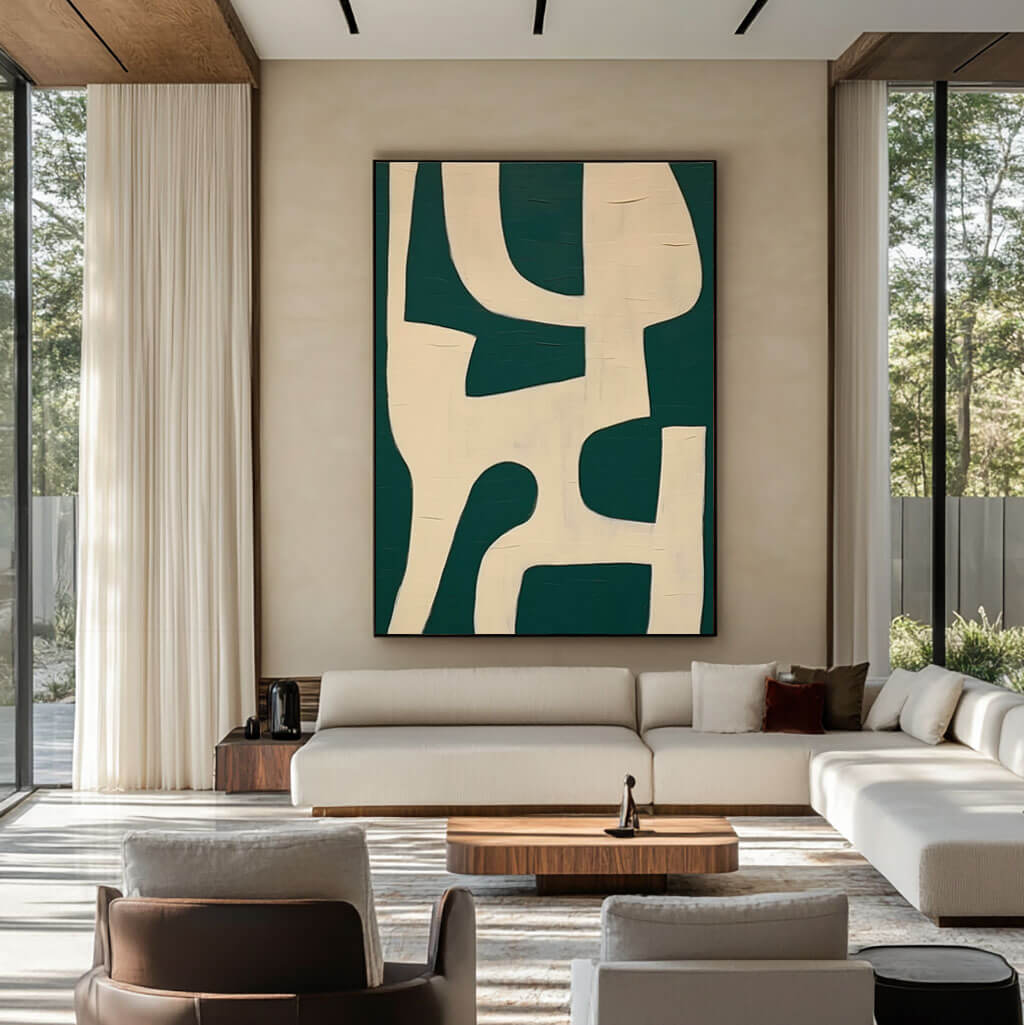 Geometric Abstract Painting in Green and Ivory for Modern Interiors - Home Artsy