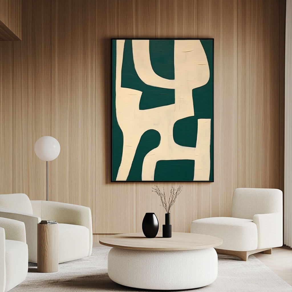 Geometric Abstract Painting in Green and Ivory for Modern Interiors - Home Artsy