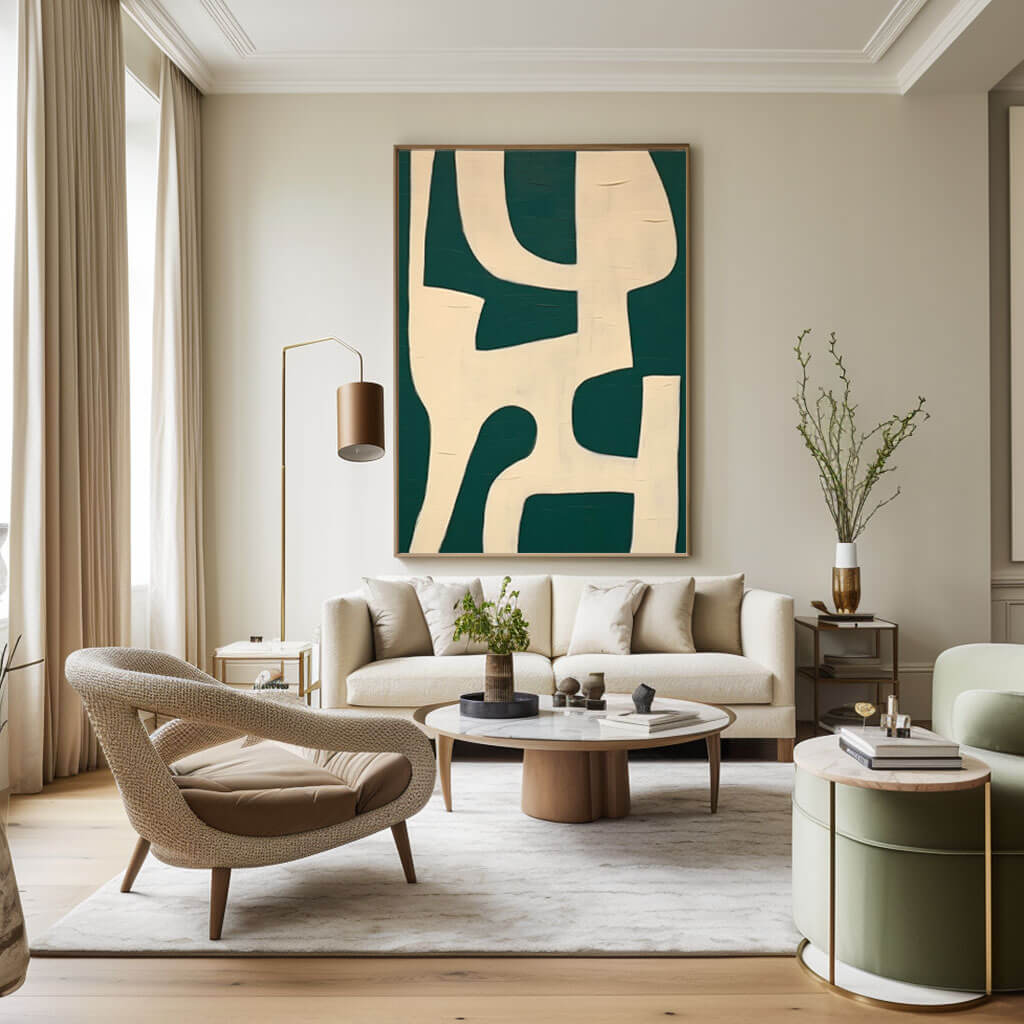 Geometric Abstract Painting in Green and Ivory for Modern Interiors - Home Artsy