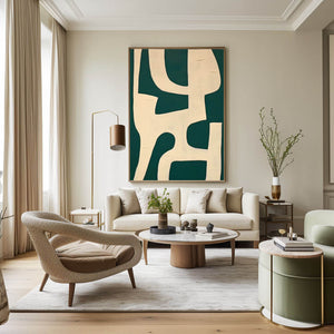 Geometric Abstract Painting in Green and Ivory for Modern Interiors - Home Artsy