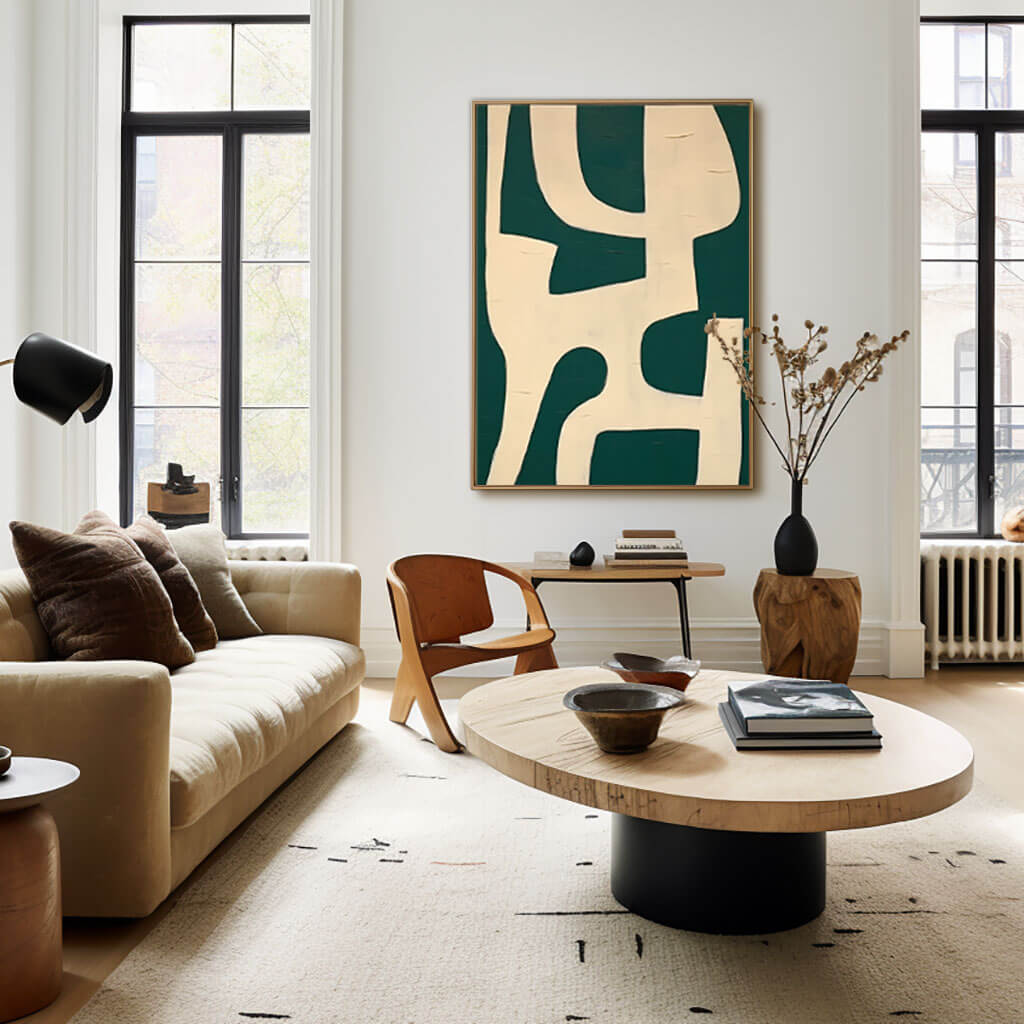 Geometric Abstract Painting in Green and Ivory for Modern Interiors - Home Artsy