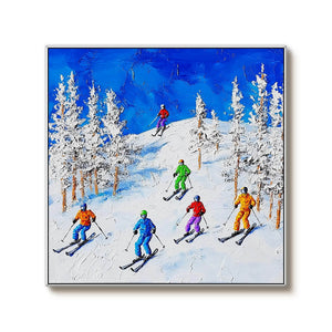 Colorful Skiing Scene Painting - Winter Sports Canvas Art   - Home Artsy