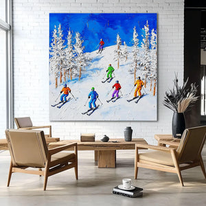 Colorful Skiing Scene Painting - Winter Sports Canvas Art   - Home Artsy