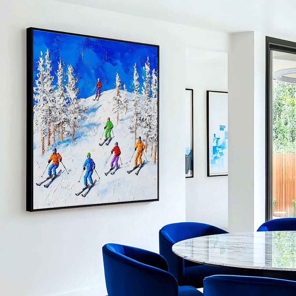 Colorful Skiing Scene Painting - Winter Sports Canvas Art   - Home Artsy