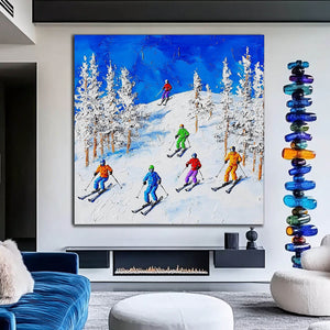 Colorful Skiing Scene Painting - Winter Sports Canvas Art   - Home Artsy