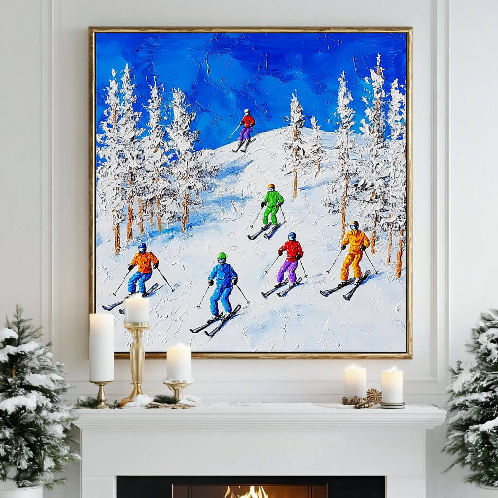Colorful Skiing Scene Painting - Winter Sports Canvas Art   - Home Artsy