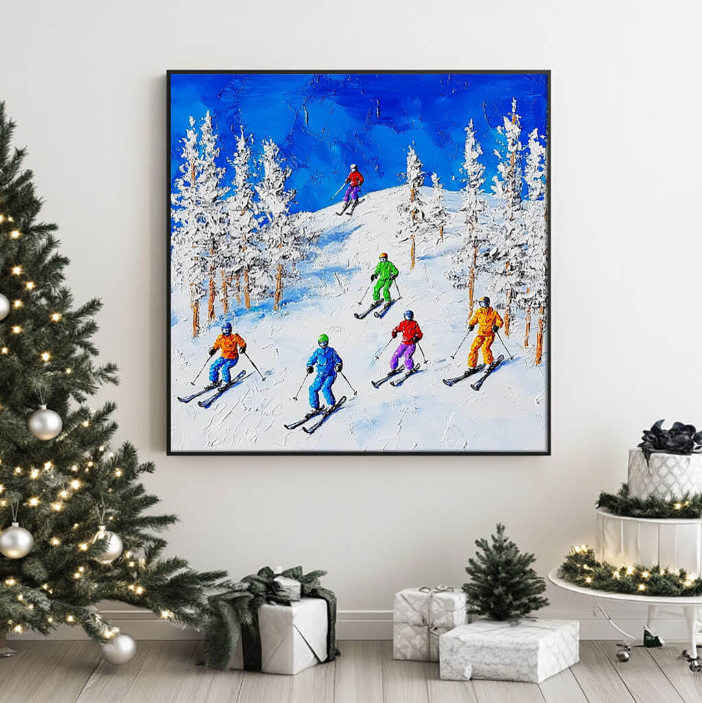 Colorful Skiing Scene Painting - Winter Sports Canvas Art   - Home Artsy
