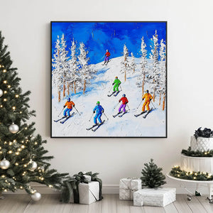 Colorful Skiing Scene Painting - Winter Sports Canvas Art   - Home Artsy