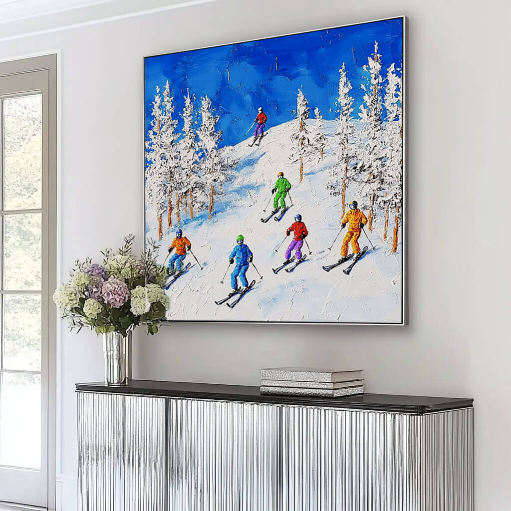Colorful Skiing Scene Painting - Winter Sports Canvas Art   - Home Artsy
