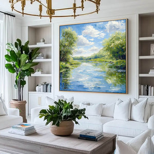 River Landscape Painting - Vibrant Canvas Art for Home Decor - Home Artsy