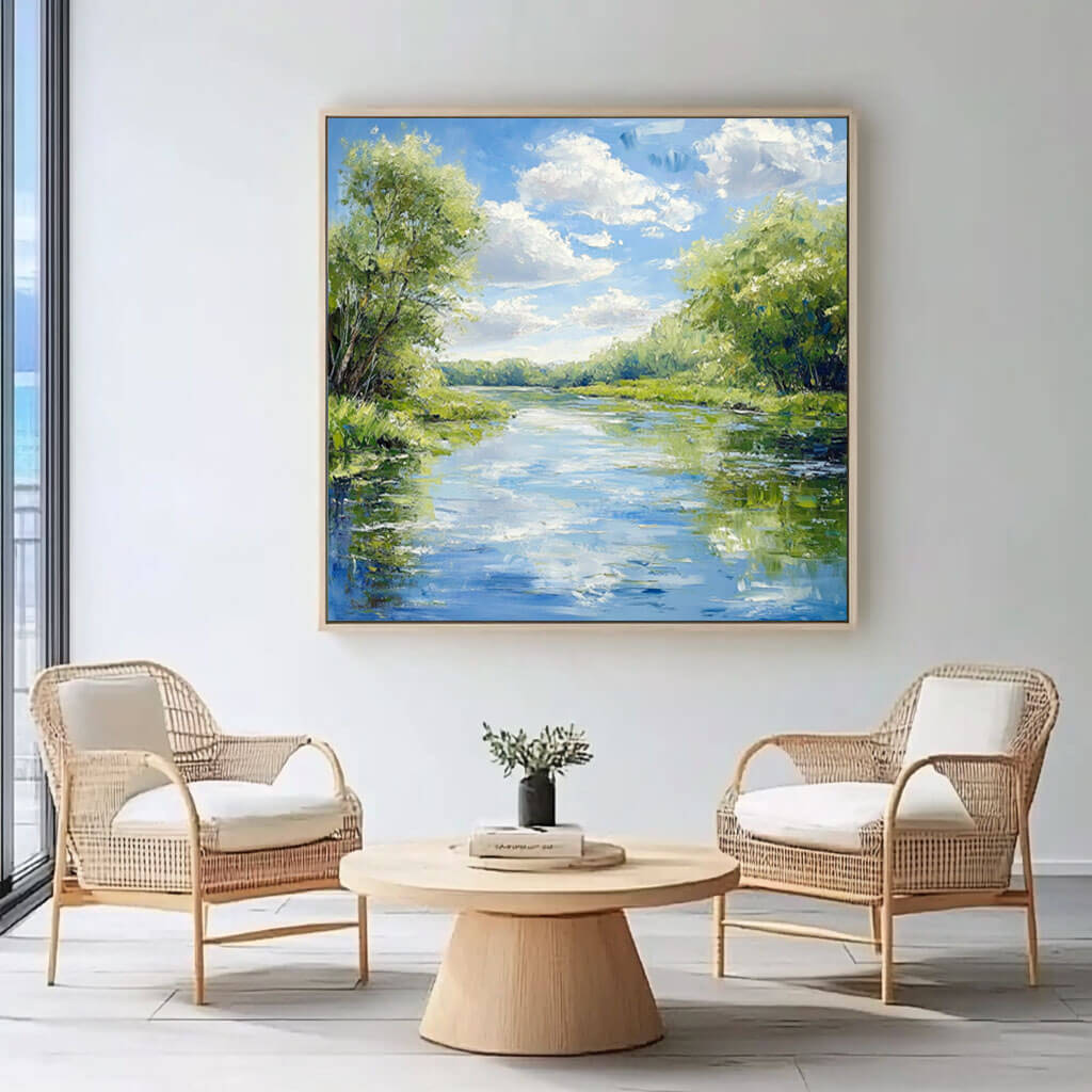 River Landscape Painting - Vibrant Canvas Art for Home Decor - Home Artsy