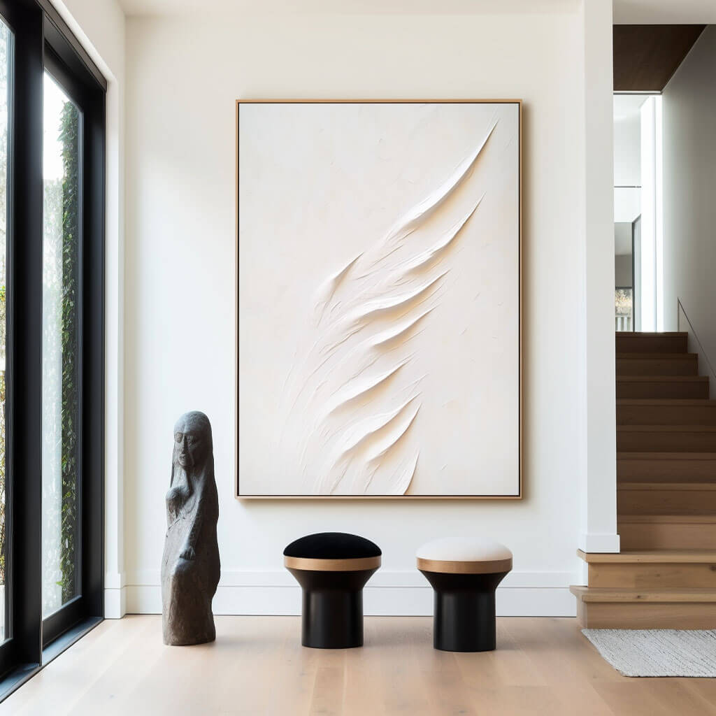 Textured White Feather Design Acrylic Painting - Contemporary Wall Art for Living Room - Home Artsy