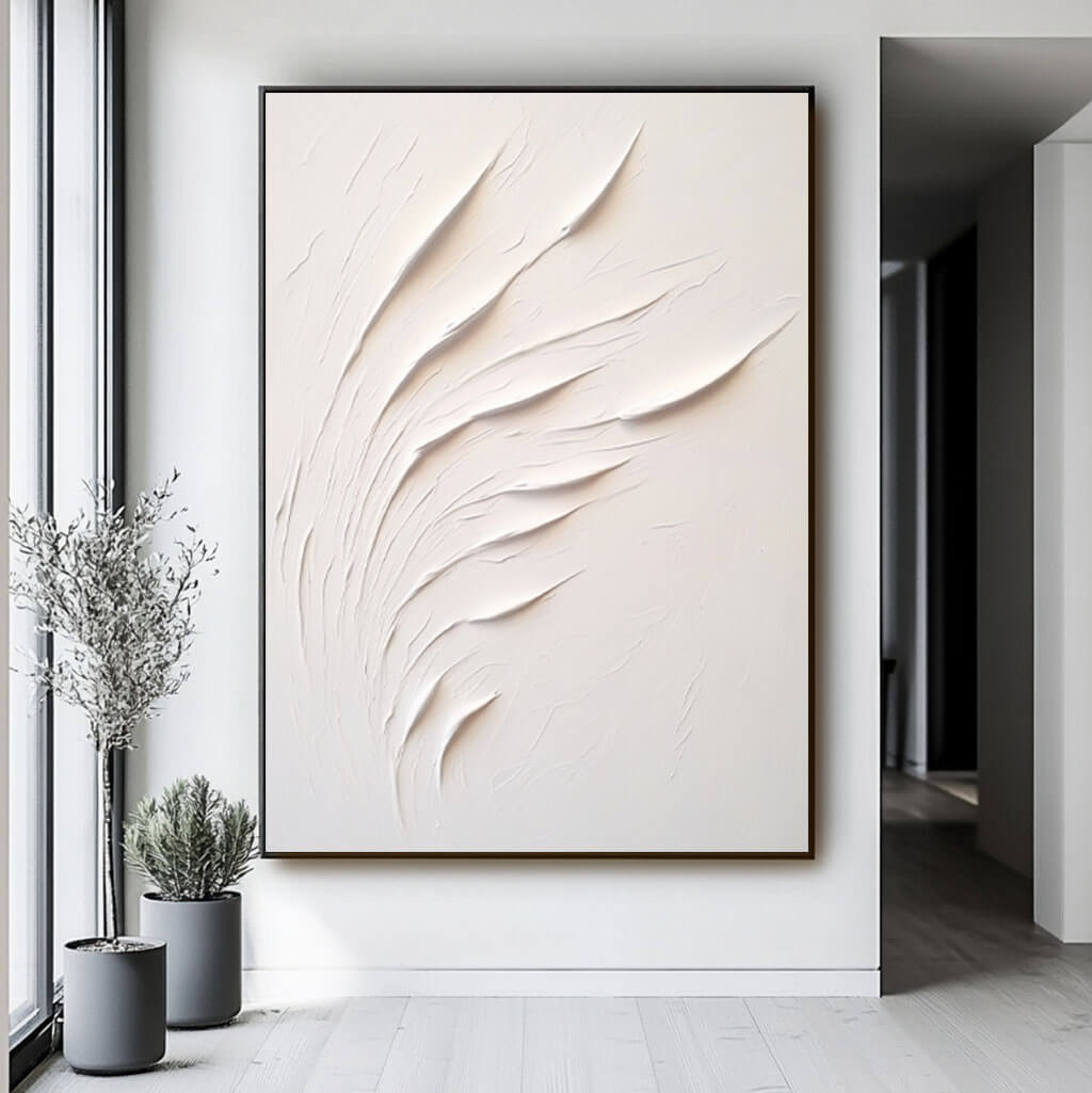 Elegant White Leaf Abstract Painting - Plaster Texture Wall Art for Living Rooms - Home Artsy